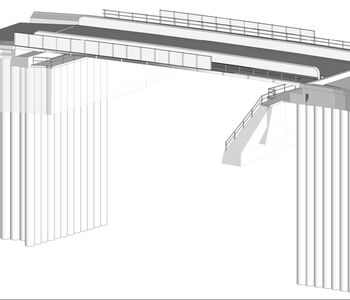 Eine schwarz/weiß Zeichnung der neuen Brücke. Zu sehen sind die 60 Bohrpfähle und die neue Brücke wie sie auf den Bohrpfählen platziert ist und über das Gelände des ICE-Werkes führt