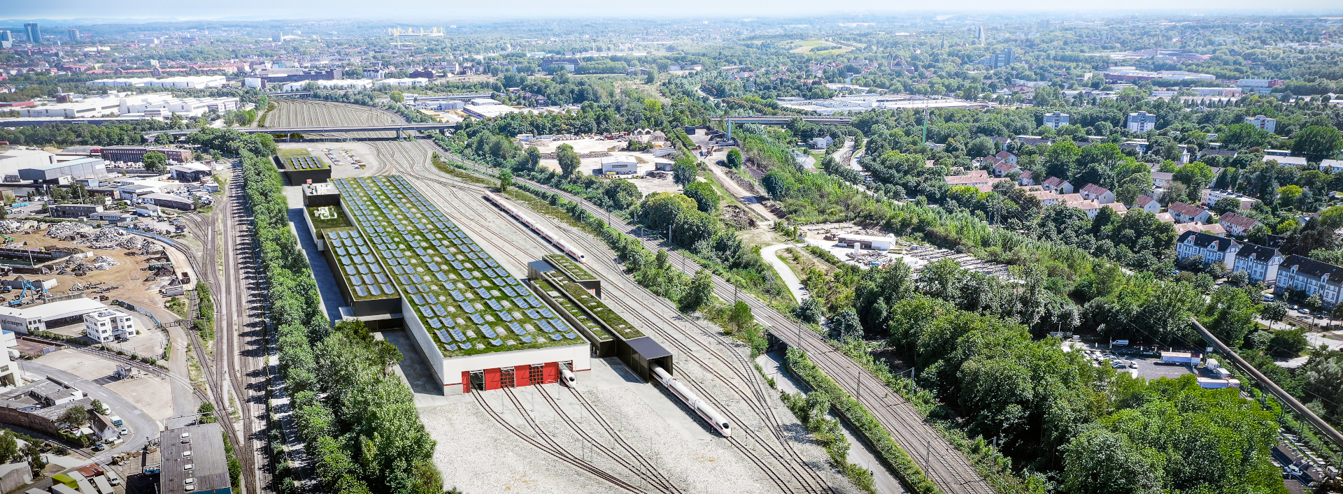 Visualisierung des neuen ICE-Werks Dortmund-Hafen im Bereich der Mallinckrodtstraße. Nördlich davon entstehen die Werkshalle, die Außenreinigungsanlage sowie weitere Einrichtungen.